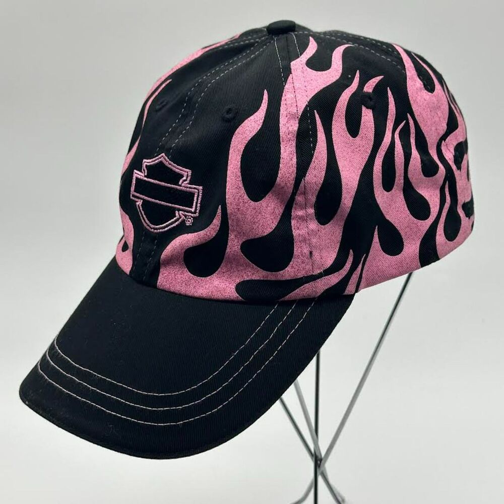 Y2K Pink Flame Harley Davidson Black Baseball Cap Hat Women's Glitter Adjustable